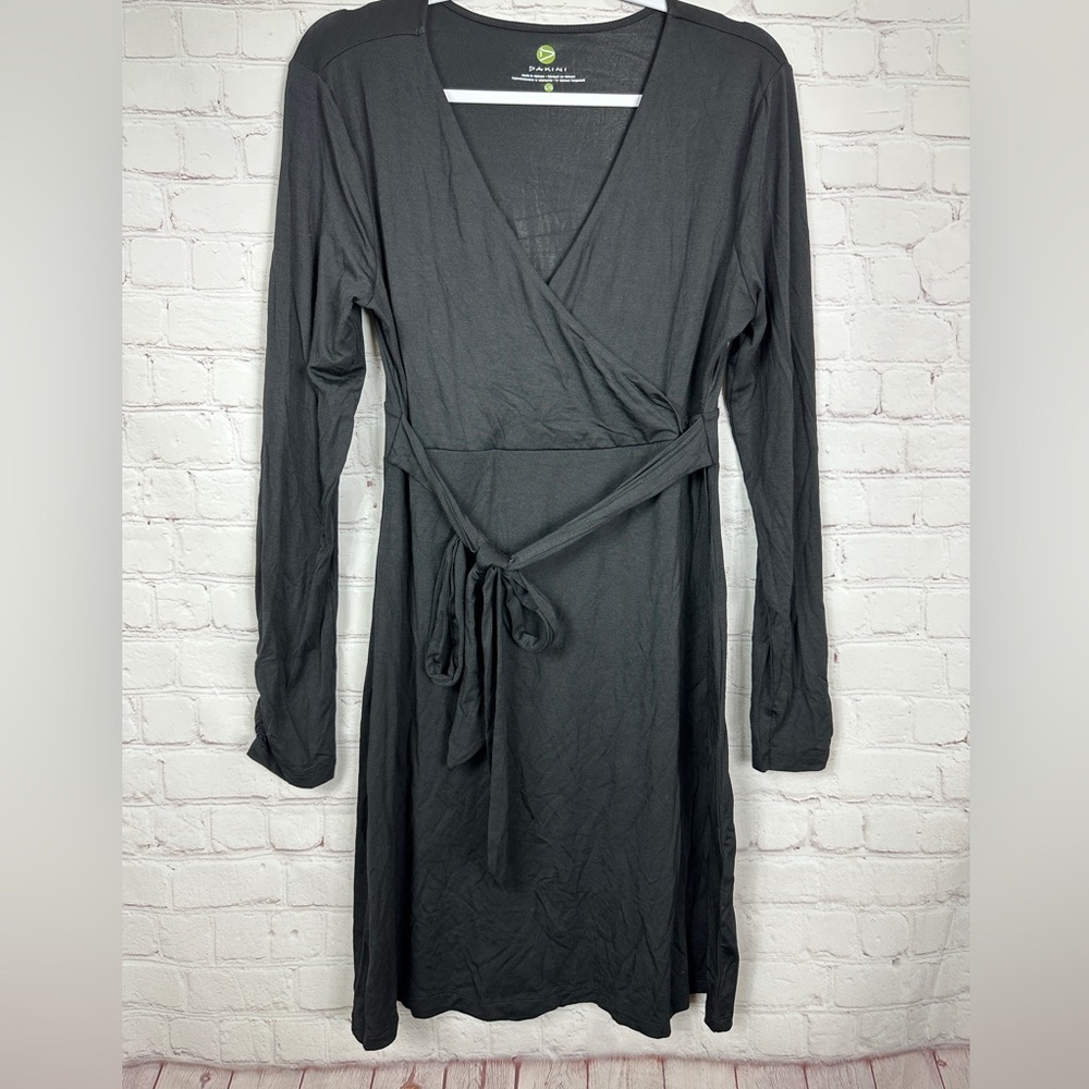 Dakini Womens Long‎ Sleeve wrap dress black modal v-neck knit stretch sz L GUC